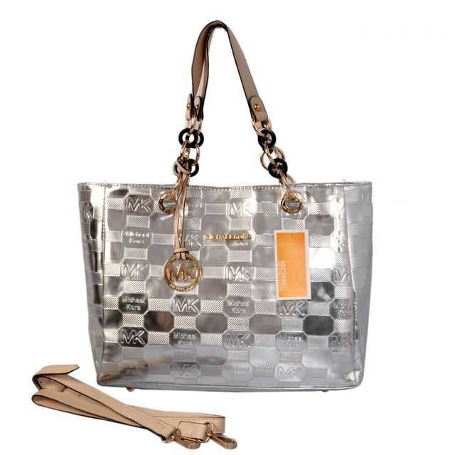 Michael Kors Logo Embossed Leather Large Silver Totes